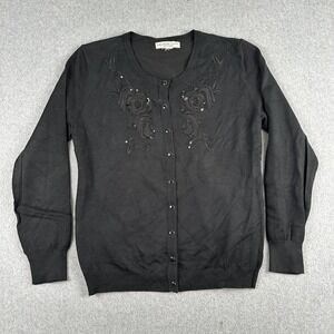 Melrose Chic Cardigan Women L Black Sequin Floral Embroidered Button‎ Up Sweater
